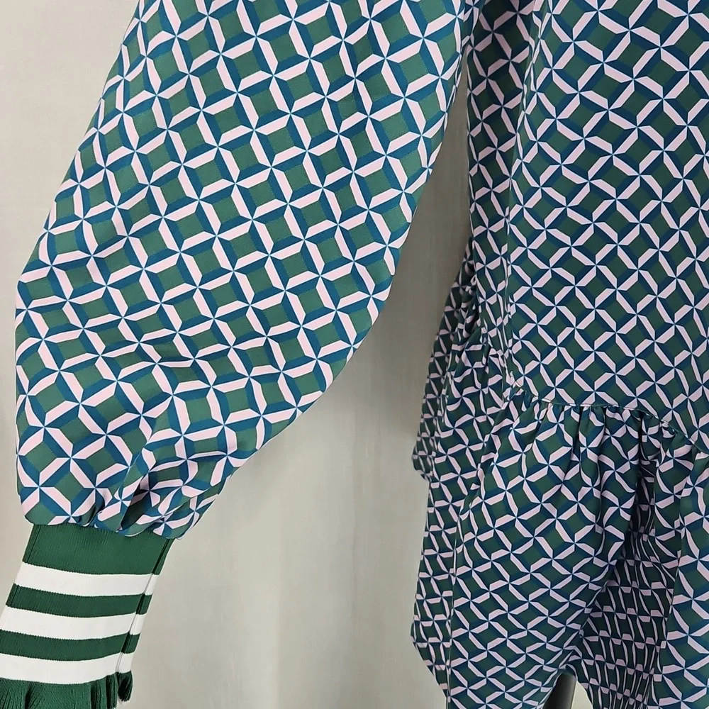 Addison Bay Long Sleeve Vine Dress: Geo Trelis- Green/Pink/Teal - Picture 5 of 15